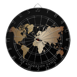 Elegante Weltkarte in Schwarz und Gold  Monogramm  Dartscheibe