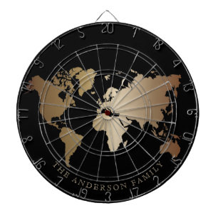 Elegante Weltkarte in Schwarz und Gold Monogramm Dartscheibe