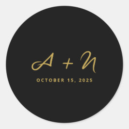 Elegante Whimsical Black and Gold Monogram Wedding Runder Aufkleber