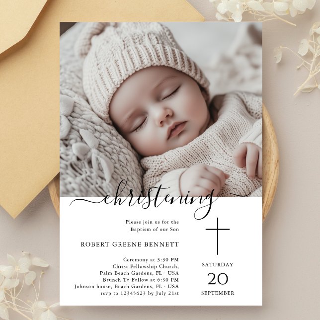 Elegante Whimsical Christening Baby Foto Taufe Einladung (Von Creator hochgeladen)