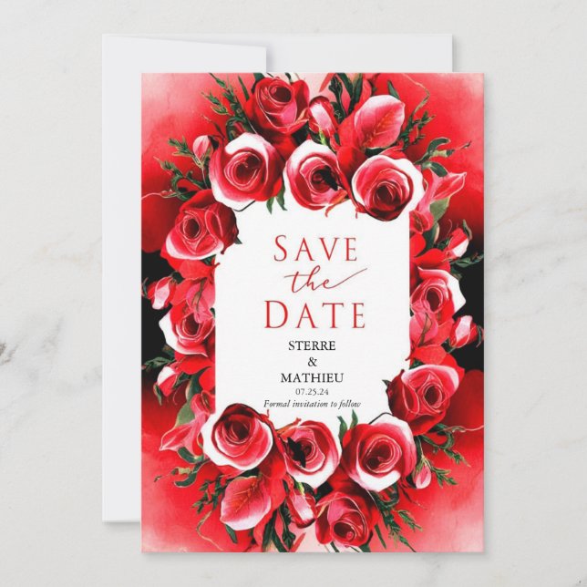 Elegante Whimsical Crimson-Rote Rosen Hochzeit Save The Date (Vorderseite)