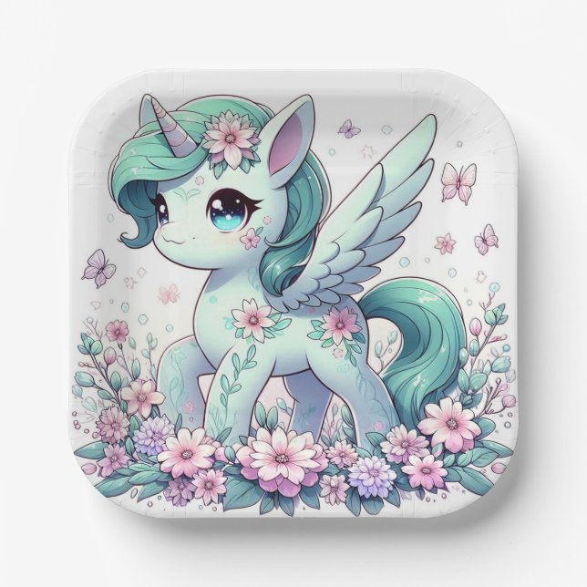 Elegante Whimsical Unicorn Babydusche Pappteller (Vorderseite)