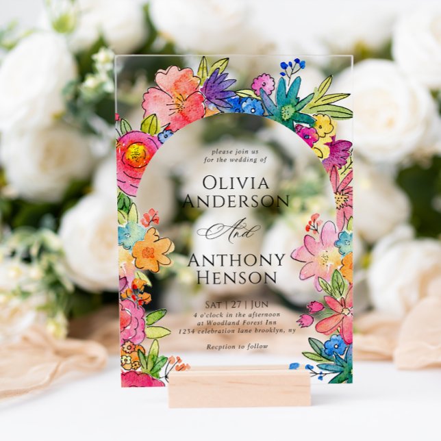 Elegante Whimsy Bold Floral Watercolor Wedding Acryleinladungen (Von Creator hochgeladen)