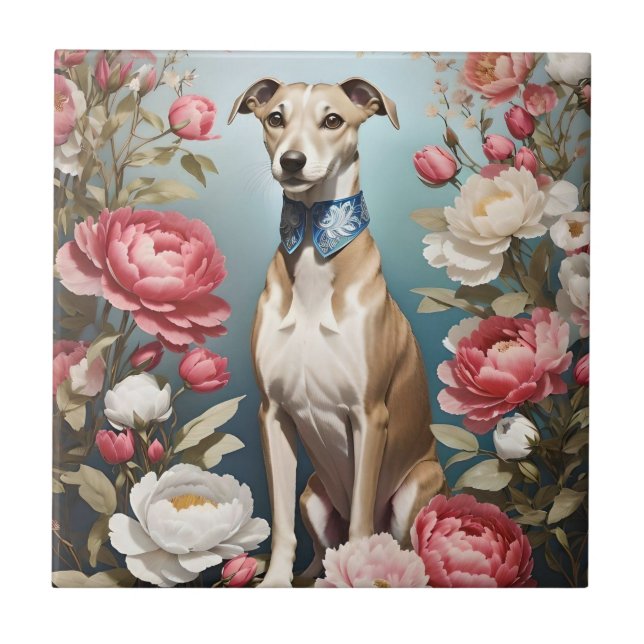 Elegante Whippet Pink Peony Blume Blue Background Fliese (Vorderseite)