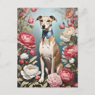 Elegante Whippet Pink Peony Blume Blue Background Postkarte