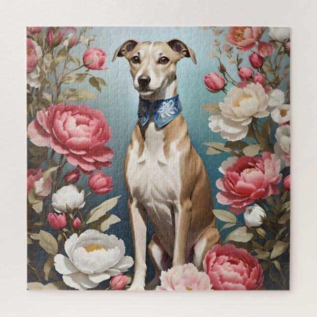 Elegante Whippet Pink Peony Blume Blue Background Puzzle (Vertikal)