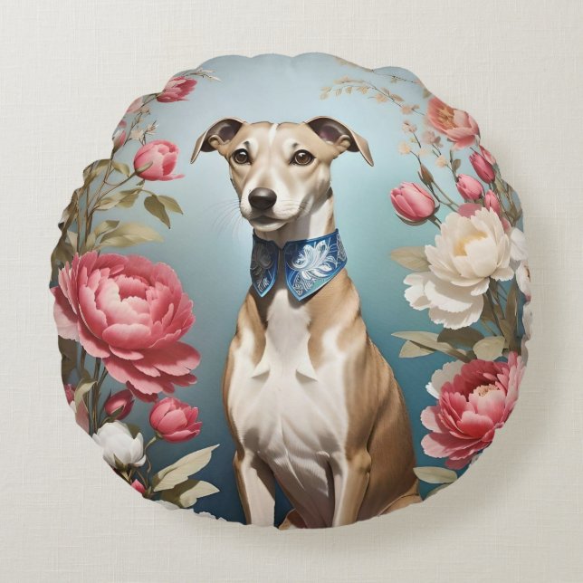 Elegante Whippet Pink Peony Blume Rundes Kissen (Vorderseite)