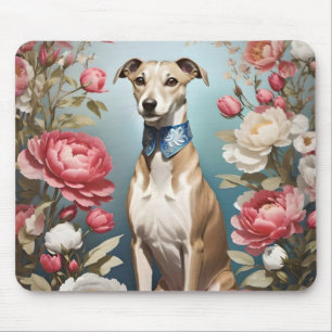 Elegante Whippet Portrait Pink Peony Blume Mousepad
