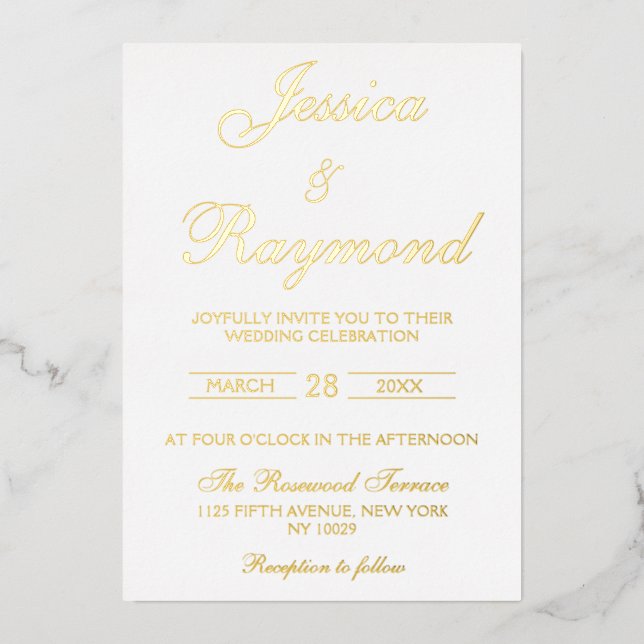 Elegante White and Gold Hochzeit Folieneinladung (Vorderseite)