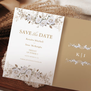 Elegante White and Gold Rose Vintages Wappen Hochz Save The Date