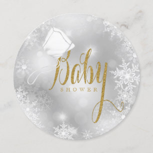 Elegante White and Gold Snowflake Babydusche Einladung