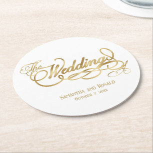 Elegante White and Imitats Gold Calligraphy Weddin Runder Pappuntersetzer