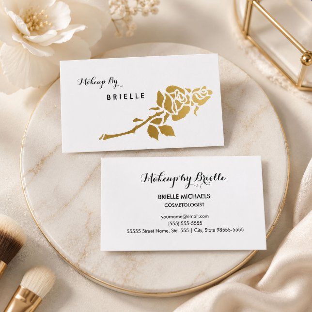 Elegante White and Imitats Gold Rose Makeup Artist Visitenkarte (Von Creator hochgeladen)