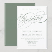 Elegante White and Sage Calligraphy Script Wedding
