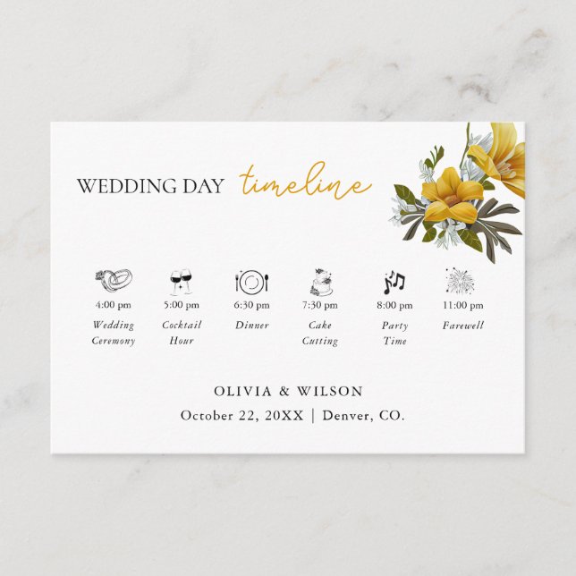 Elegante White and Yellow Floral Wedding Timeline Begleitkarte (Vorderseite)