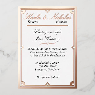 Elegante White Art Deco Hochzeit. Rose Gold Foil Folieneinladung