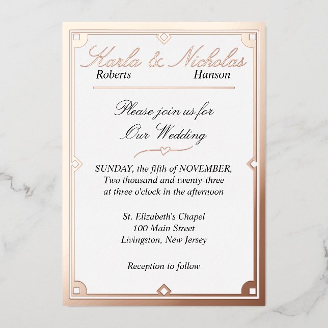 Elegante White Art Deco Hochzeit. Rose Gold Foil Folieneinladung (Vorderseite)