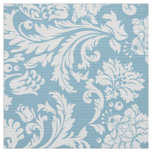 Elegante White & Baby Blue Floral Damasks Stoff