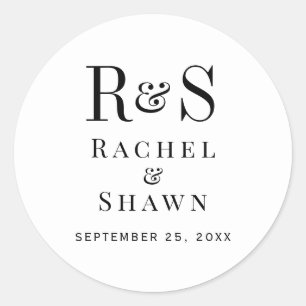 Elegante White & Black Chic Moderne Monogram Weddi Runder Aufkleber
