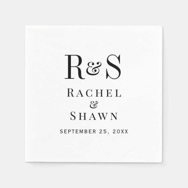 Elegante White & Black Chic Moderne Monogram Weddi Serviette (Vorderseite)