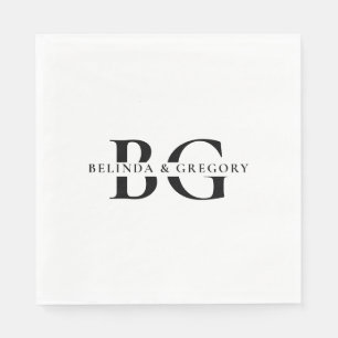 Elegante White Black Monogram Initials Wedding Serviette