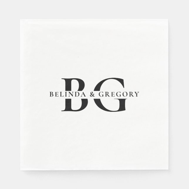 Elegante White Black Monogram Initials Wedding Serviette (Vorderseite)