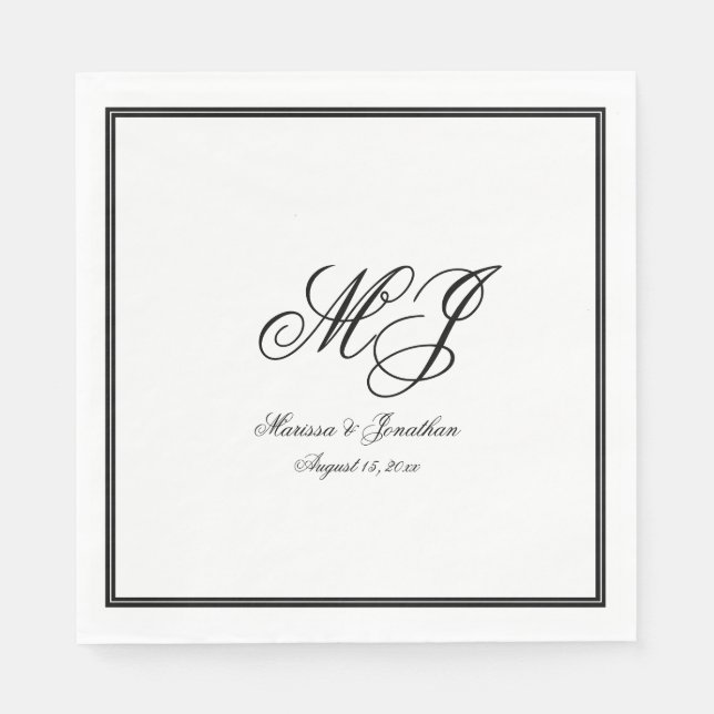 Elegante White Black Monogram Script Hochzeit Serviette (Vorderseite)