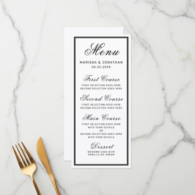 Elegante White Black Script Chic Hochzeit Menükarte (Vorderseite/Rückseite Beispiel)