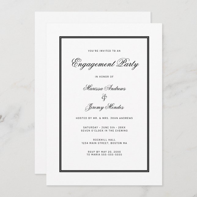 Elegante White Black Script Engagement Party Einladung (Vorne/Hinten)