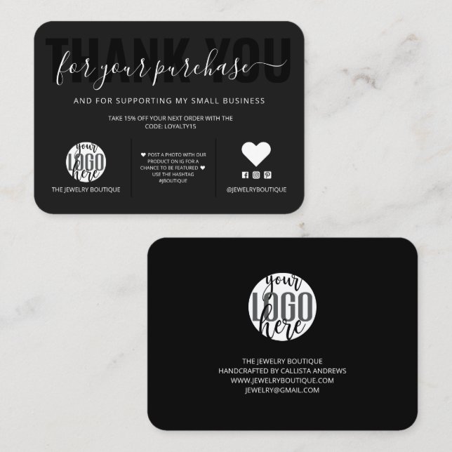 Elegante White Black Script Logo-Kunde Vielen Dank Visitenkarte (Vorne/Hinten)