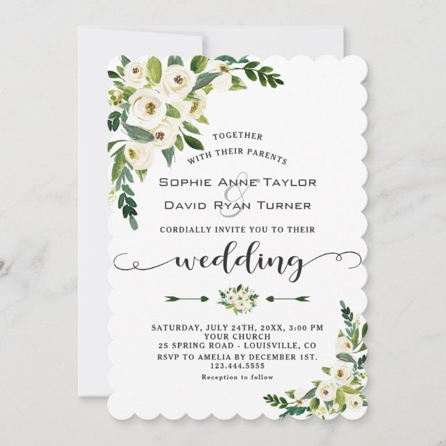 Elegante White Blooming Floral Handwriting Wedding Einladung (Vorderseite)