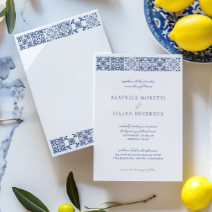 Elegante White & Blue Mediterrane Hochzeit Einladung