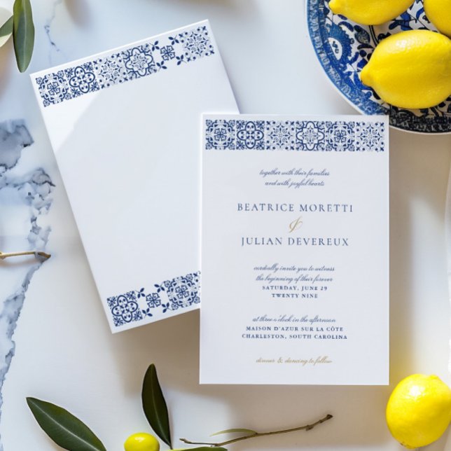 Elegante White & Blue Mediterrane Hochzeit Einladung (Elegant White & Blue Mediterranean Tile Wedding Invitation)