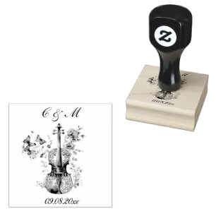 Elegante White & Blue Violin Hochzeit Gummistempel