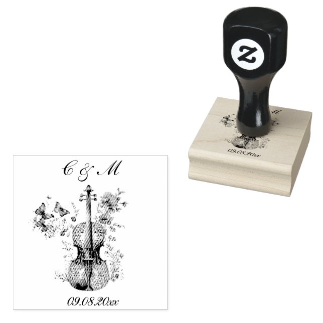 Elegante White & Blue Violin Hochzeit Gummistempel (Stempel)
