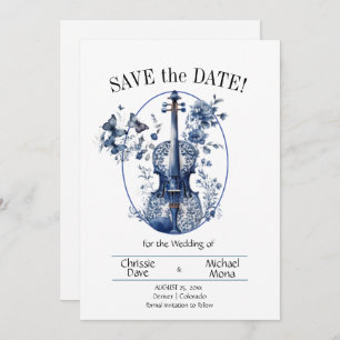 Elegante White & Blue Violin Hochzeit Save The Date