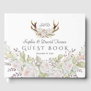 Elegante White Blume Antlers Monogram Wedding Gästebuch