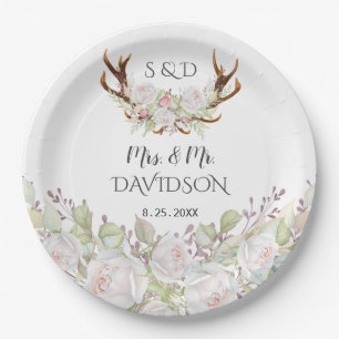 Elegante White Blume Antlers Monogram Wedding Pappteller