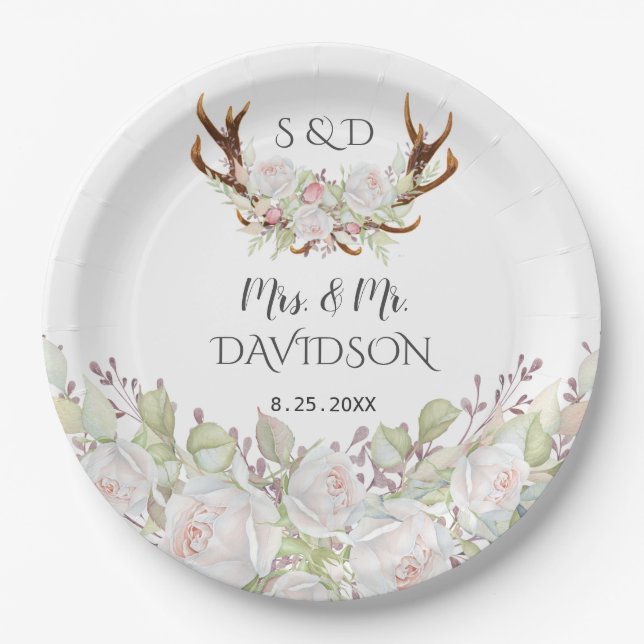 Elegante White Blume Antlers Monogram Wedding Pappteller (Vorderseite)