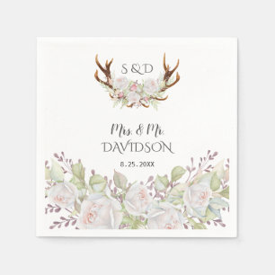Elegante White Blume Antlers Monogram Wedding Serviette