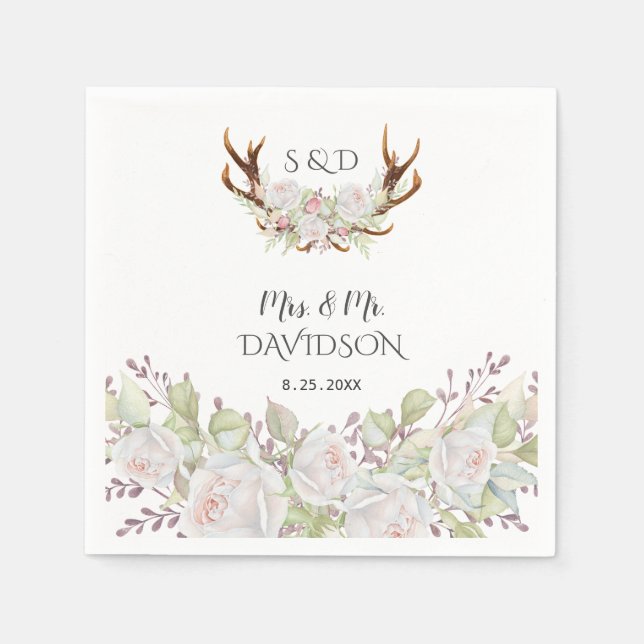 Elegante White Blume Antlers Monogram Wedding Serviette (Vorderseite)