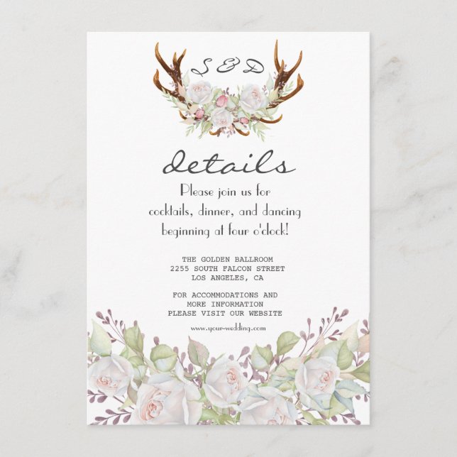 Elegante White Blume Antlers Navy Hochzeitdetails Begleitkarte (Vorderseite)
