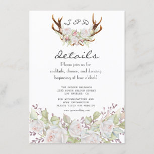 Elegante White Blume Antlers Navy Hochzeitdetails Begleitkarte