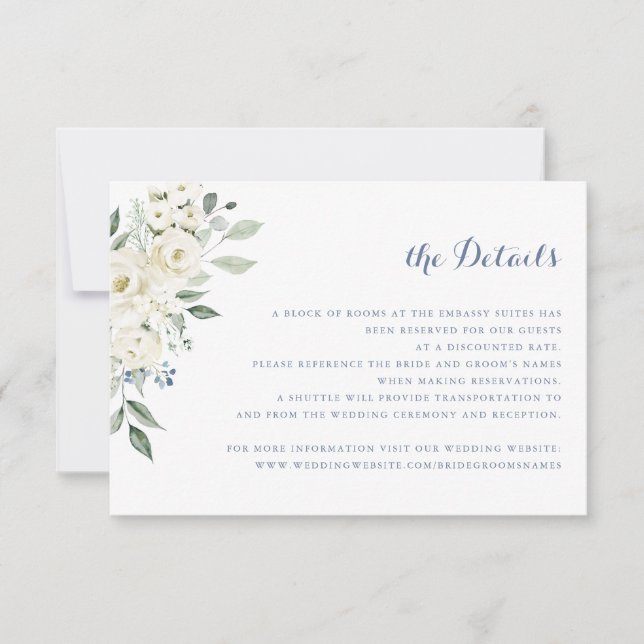 Elegante White Blume Dusty Blue Wedding Details Einladung (Vorderseite)