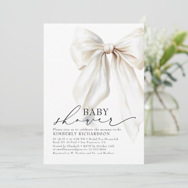 Elegante White Bow Baby Shower Chic Cream Einladung (Stehend Vorderseite)