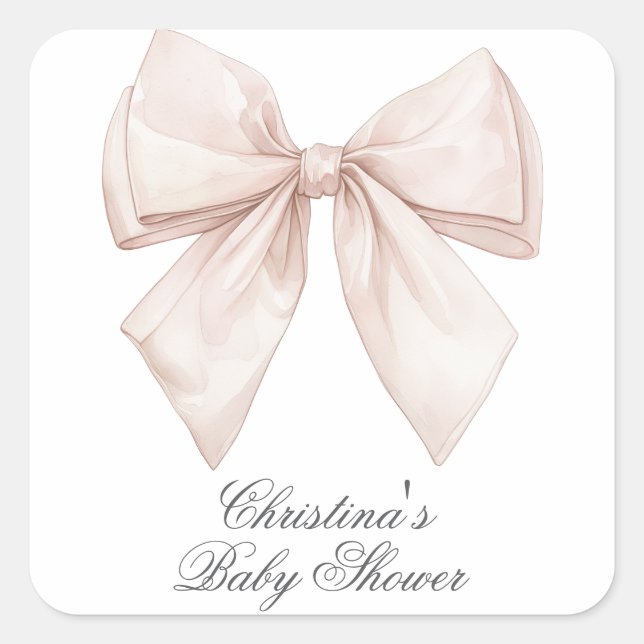 Elegante White Bow Baby Shower Quadratischer Aufkleber (Vorderseite)