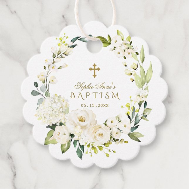 Elegante White Cream Blume Gold Cross Taufen Geschenkanhänger (Vorderseite)