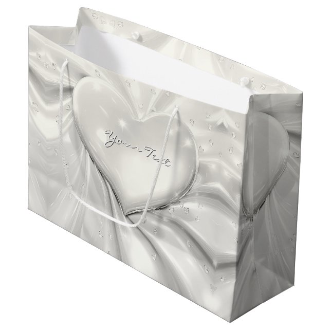 Elegante White Cream Heart Geschenktasche Große Geschenktüte (Vorderseite Schrägansicht)