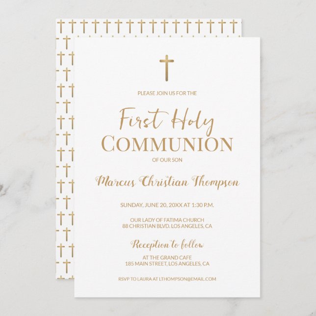 Elegante White Cross Boy Erste heilige Kommunion Einladung (Vorne/Hinten)