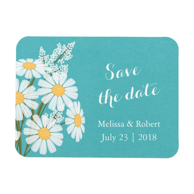 Elegante White Daisies Aquamarin Save the Date Hoc Magnet (Horizontal)